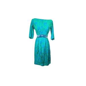 1950s Montaldo’s Teal Blue Floral Jacquard Cocktail Dress Velvet Waist XS